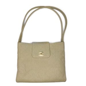 CHANEL Kelly Cc Medium Quilted Flap Turnlo Beige - Gold Canvas Shoulder …